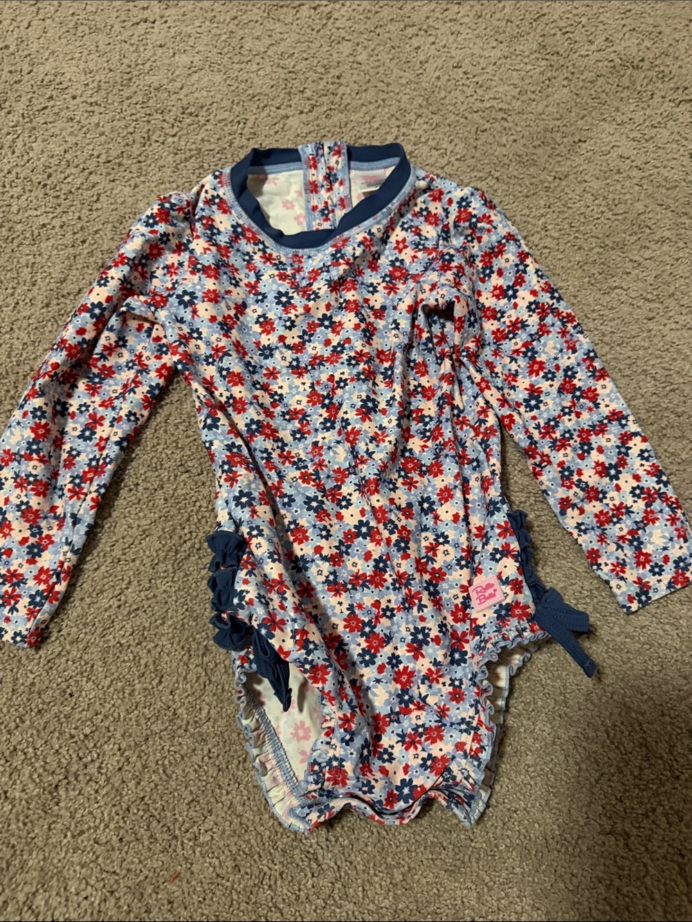 Ruffle Butts Red White Blue Floral Long-Sleeve One-Piece Swimsuit